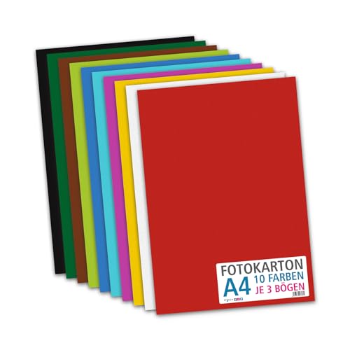 itenga Fotokarton Bogen farbig sortiert DIN A2 A3 A4 A5 A6-300 g/qm 30 Blatt - Tonkarton Bastelkarton Bastelpapier 10 Standardfarben - pro Farben je 3 Blatt (DIN A4-30 Blatt 10 Farben 300 g/qm) von itenga