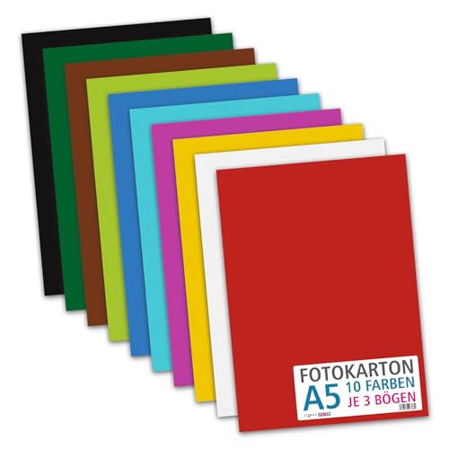 itenga Fotokarton Bogen farbig sortiert DIN A2 A3 A4 A5 A6-300 g/qm 30 Blatt - Tonkarton Bastelkarton Bastelpapier 10 Standardfarben - pro Farben je 3 Blatt (DIN A5-30 Blatt 10 Farben 300 g/qm) von itenga