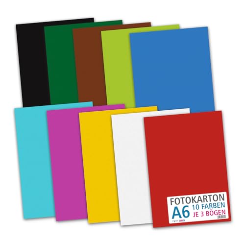 itenga Fotokarton Bogen farbig sortiert DIN A2 A3 A4 A5 A6-300 g/qm 30 Blatt - Tonkarton Bastelkarton Bastelpapier 10 Standardfarben - pro Farben je 3 Blatt (DIN A6-30 Blatt 10 Farben 300 g/qm) von itenga