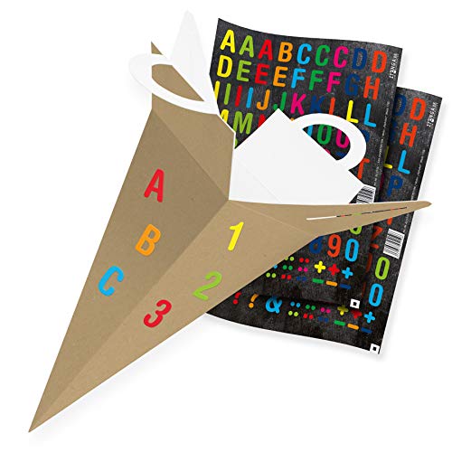 itenga Geschenktüte Gastgeschenk Schultüte Braun 32 cm mit Sticker Aufkleber Alphabet Einschulung Schulanfang von itenga