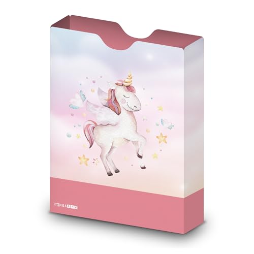 itenga Heftbox DIN A4 – Aufbewahrungsbox für Hefte & Blöcke mit Motivdruck | aus extra stabilem 0,7mm PP Kunststoff | flach geliefert faltbar | Schulbox für Mädchen & Jungen (Einhorn Wasserfarben) von itenga
