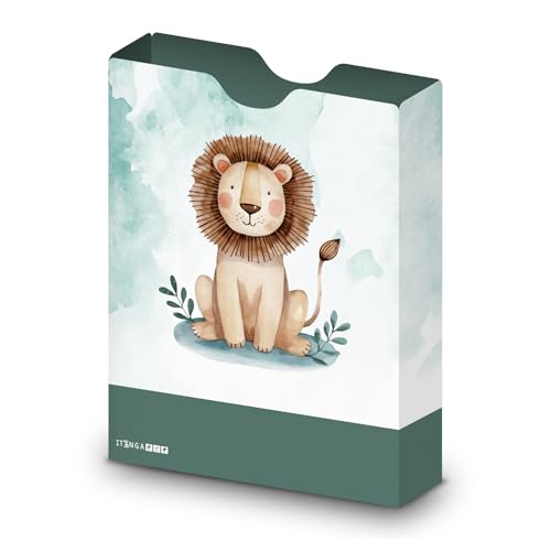itenga Heftbox DIN A4 – Aufbewahrungsbox für Hefte & Blöcke mit Motivdruck | aus extra stabilem 0,7mm PP Kunststoff | flach geliefert faltbar | Schulbox für Mädchen & Jungen (Löwe) von itenga