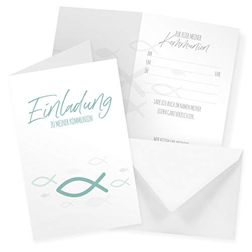 itenga Klappkarten Fisch DIN A6 6 Stück Einladungen Menükarten Postkarten Taufe Kommunion Konfirmation für Jungen und Mädchen (Kommunion Türkis) von itenga