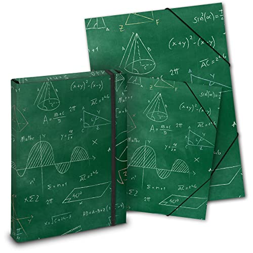 itenga Mappen SET 3teilig: Heftbox + Gummizugmappe A4 + Zeichenmappe A3- für Kinder Jugendliche Schüler (Motiv Formeln) von itenga