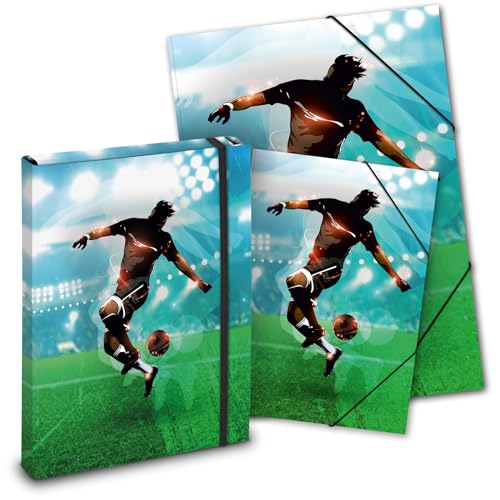 itenga Mappen SET 3teilig: Heftbox + Gummizugmappe A4 + Zeichenmappe A3- für Kinder Jugendliche Schüler (Motiv Fussball) von itenga