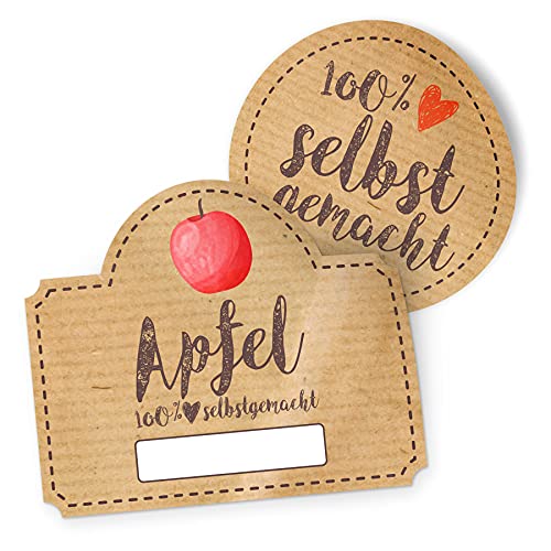 itenga Marmeladen Etikett Apfel Aufkleber 100% selbstgemacht Sticker braun selbstklebend für Marmelade Einmachgläser Geschenke - hochwertiges Papier - 10 Aufkleber rund und 10 Aufkleber rechteckig von itenga