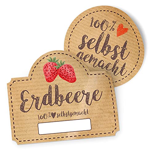 itenga Marmeladen Etikett Erdbeere Aufkleber 100% selbstgemacht Sticker braun selbstklebend für Marmelade Einmachgläser Geschenke - hochwertiges Papier - 10 Aufkleber rund und 10 Aufkleber rechteckig von itenga