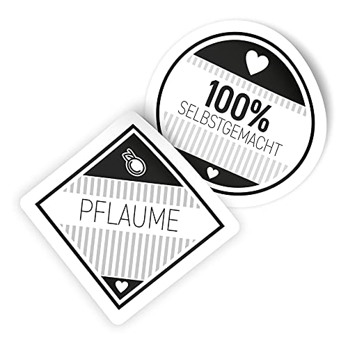 itenga Marmeladen Etikett PFLAUME Aufkleber 100% selbstgemacht Sticker modern schwarz weiß selbstklebend für Marmelade Einmachgläser Geschenke - 10 Aufkleber rund und 10 Aufkleber eckig von itenga