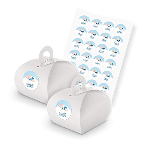 itenga Motiv Baby auf Wolke Hellblau Pastell für Jungen Gast Geschenk Geburt Taufe 1. Geburtstag (24 Geschenkschachteln + Motivsticker mit Text Danke) von itenga
