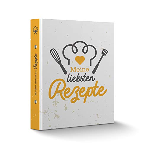 itenga Rezeptringbuch A5 Motivdruck laminiert 2-Ring-Mechanik Kochmütze gelb grau - Rezeptordner Kochrezepte-Ringbuch von itenga