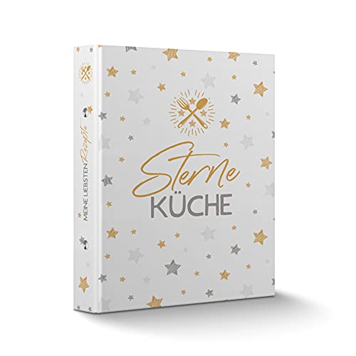 itenga Rezeptringbuch A5 Motivdruck laminiert 2-Ring-Mechanik Sterneküche weiß grau gold - Rezeptordner Kochrezepte-Ringbuch von itenga