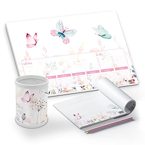 itenga Schreibtisch-Set Schmetterling 3-teilig Schreibtischunterlage Papier DIN A3 Stifteköcher Notizblock für Kinder Schüler Erwachsene Mädchen Frauen von itenga