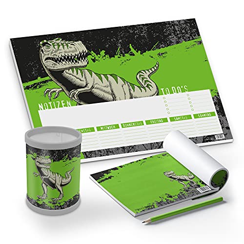itenga Schreibtisch-Set T-REX Dinosaurier 3-teilig Schreibtischunterlage Papier DIN A3 Stifteköcher Notizblock für Kinder Schüler Jungen itenga Schreibtisch-Set T-REX Dinosaurier 3-teilig Schreibtischunterlage Papier DIN A3 Stifteköcher Notizblock für Kinder Schüler Jungen von itenga