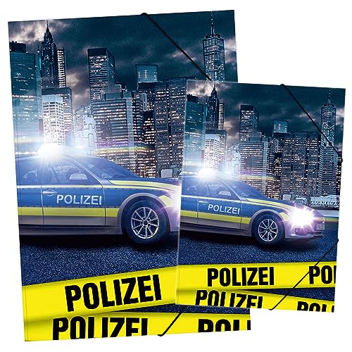 itenga Set Zeichenmappe DIN A3 und Sammelmappe DIN A4 mit Motiv - Gummizugmappe Sammelmappe - für Kinder Jugendliche Schüler Mädchen Jungen (Set A3 und A4 Motiv Polizei) von itenga