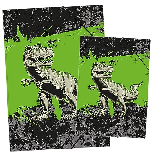 itenga Set Zeichenmappe DIN A3 und Sammelmappe DIN A4 mit Motiv - Gummizugmappe Sammelmappe - für Kinder Jugendliche Schüler Mädchen Jungen (Set A3 und A4 Motiv T-REX) von itenga