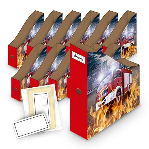 itenga Stehsammler Pappe Motiv Feuerwehr für DIN A4-12er Set inkl Beschriftungsetiketten - Zeitschriftensammler Kartonständer Stehsammler Schreibtisch Organizer von itenga