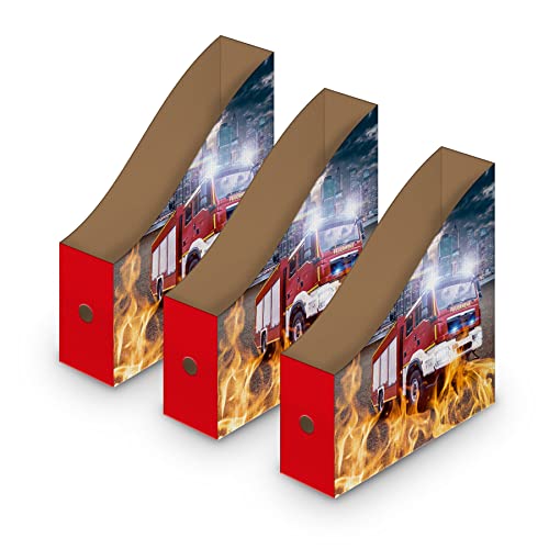 itenga Stehsammler Pappe Motiv Feuerwehr für DIN A4-3er Set - Zeitschriftensammler Kartonständer Stehsammler Schreibtisch Organizer von itenga