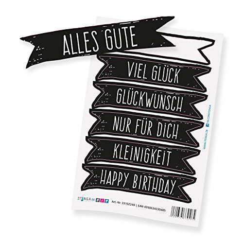 itenga Stickerbogen Mix 6x Sticker "Alles Gute", Viel Glück", Glückwunsch", Nur für dich", Kleinigkeit", Happy Birthday" schwarz weiß von itenga