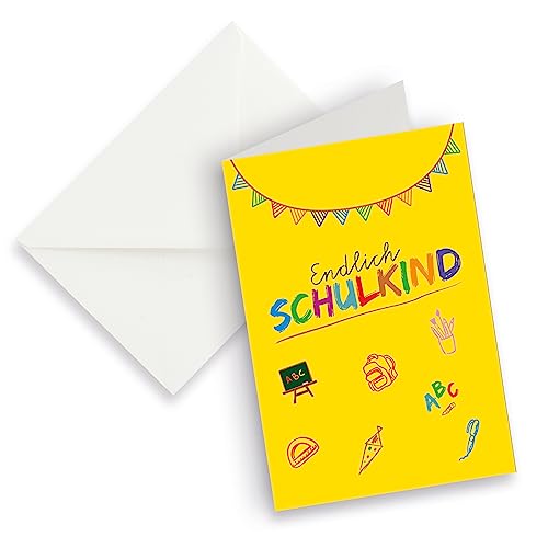 itenga XXL Klappkarte DIN A4 Endlich Schulkind und XXL Briefumschlag - Grußkarte Glückwunschkarte zur Einschulung Schulanfang (gelb) von itenga