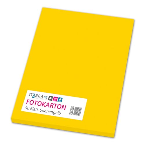 itenga farbiger Fotokarton 50 Blatt A4 300 g/qm² - Tonpapier Tonkarton Bastelpapier Bastelkarton Bogen durchgefärbt zum kreativen Gestalten und Basteln (SONNENGELB) von itenga