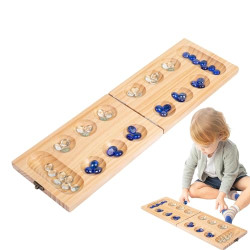 Mancala-Brettspiel für Kinder, Mancala-Brettspielset aus Holz mit 48 Glasperlen, tragbares und faltbares pädagogisches -Spielzeug für Jungen und Mädchen von itrimaka