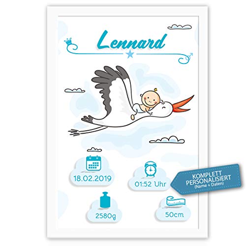 Willkommen Baby - Junge - Bild mit Geburtsdaten des Babys. INKLUSIVE RAHMEN. Hochwertiger Druck mit Name und Geburtsdaten des Kindes. Geschenk zur Geburt: Baby auf Storch Willkommen Baby - Junge - Bild mit Geburtsdaten des Babys. INKLUSIVE RAHMEN. Hochwertiger Druck mit Name und Geburtsdaten des Kindes. Geschenk zur Geburt: Baby auf Storch von iulias Freude schenken!