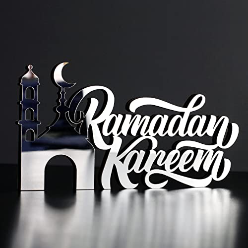 IWA Concept Islamische Tischdekorationen aus Holz mit Acryl, Ramadan-Kareem-und Eid-Mubarak-Dekoration, islamisch muslimische Geschenke, Ramadan Kareem-3, Silber von iwa concept