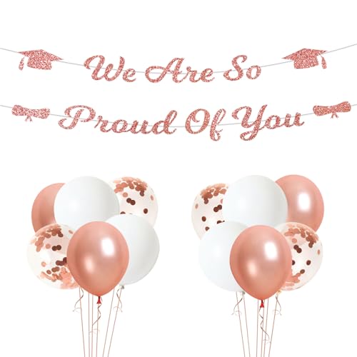 iwiio Abschlussdekorationsset – Wimpelkette mit Aufschrift "We Are So Proud Of You" + 12 Latex-Ballons, Foto-Requisiten, Hintergrund für Abschlussfeier, Party-Dekorationen von iwiio