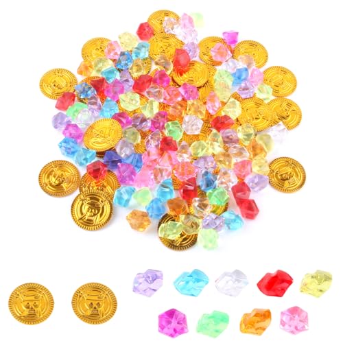 iwontalersy 140 Stück Goldmünzen Piratenschatz Set,70 Goldtaler Kinder und 70 Piraten Edelstein,Piratenschatz,für Kindergeburtstag Piraten Deko von iwontalersy