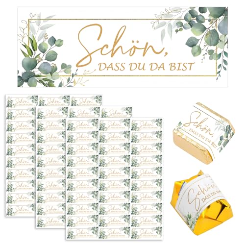 iwontalersy 90 Gastgeschenke Hochzeit Aufkleber,Selbstklebende Etiketten im Eukalyptus Design,Schön,Dass Du Da Bist,Eukalyptus-Schokoladenaufkleber,Rechteck 5 x 1,8 cm von iwontalersy