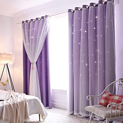 iyoimono 2er Set Vorhänge Sternen Mädchen Verdunkelung Voile Gardinen mit Ösen Lila Vorhänge Farbverlauf Blickdicht für Kinderzimmer Schlafzimmer Wohnzimmer 213 × 132cm (H × B) von iyoimono