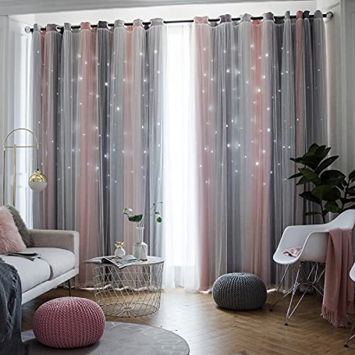 iyoimono 2er Set Vorhänge Sternen Mädchen Verdunkelung Voile Gardinen mit Ösen Rosa Grau Vorhänge Farbverlauf Blickdicht für Kinderzimmer Schlafzimmer Wohnzimmer 160 × 132cm (H × B) von iyoimono