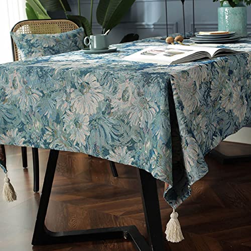 iyoimono Quaste Tischdecke 90x90 Abwaschbar Baumwolle und Leinen Tischtuch Blaues Ölgemälde Quadratisch Couchtisch Tischdecke von iyoimono