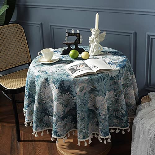 iyoimono Quaste Tischdecke Rund 150 cm Abwaschbar Baumwolle und Leinen Tischtuch Blaues Ölgemälde Tischdecke Rund Couchtisch von iyoimono