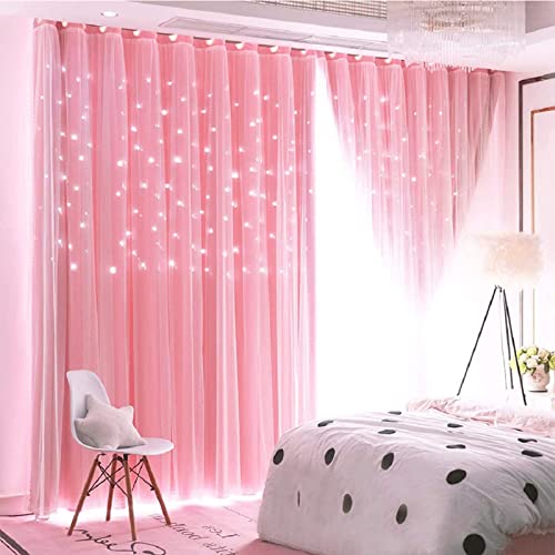 iyoimono Sternen Vorhänge Kinderzimmer Mädchen Voile Gardinen mit Ösen Verdunkelugsvorhang Rosa Vorhänge Farbverlauf Blickdicht für Schlafzimmer Wohnzimmer 1 Stück 275 x 132cm (H × B) von iyoimono