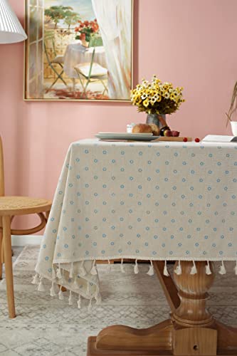 iyoimono Tischdecke Quaste Tischdecke Rechteckige Abwaschbar Baumwolle Leinen Tischtuch für Küche Esszimmer Picknick Tischdekoration Tischdecke Rechteck Couchtisch（140x160，Beige Blau Gänseblümchen ） von iyoimono