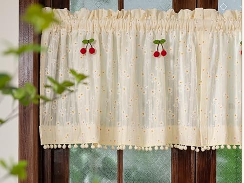 izielad Gänseblümchen Scheibengardine Landhaus Kurz Bistrogardine Bistrovorhang Country Elegant Kurzgardine Kleine Vorhang Küchenvorhang Küchegardine mit Quaste Kirsche DIY BxH 140x50cm von izielad