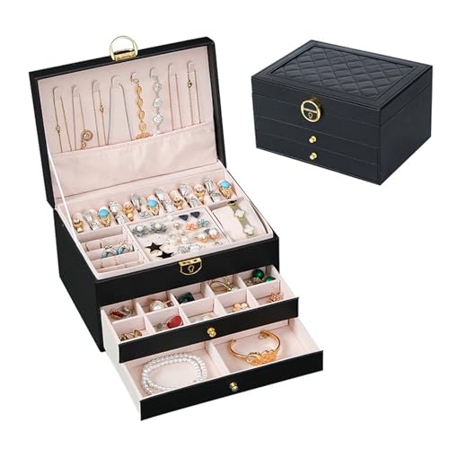 Schmuckkästchen 3 Ebenen, große Schmuckschatulle, Schmuckbox Schmuckkoffer für Damen, Schmuckkästen für Ringe, Ohrringe, Halsketten und Uhren, mit Schloss und Schlüssel (Schwarz) von jackfru
