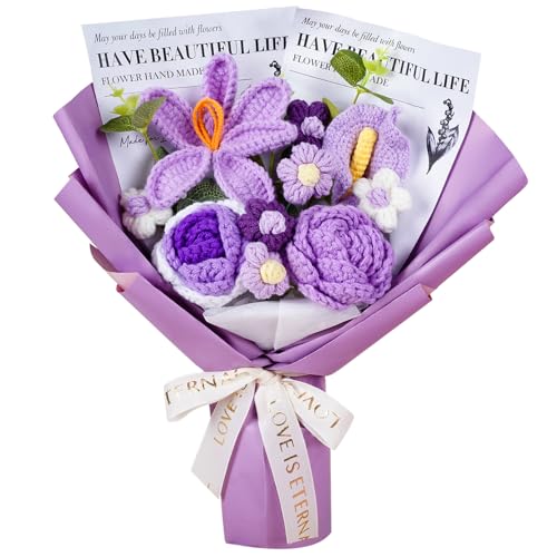 janeunique Häkelblumen Blumenstrauß Gestrickter Blumenstrauß für Jubiläum Abschluss Muttertag (Lila) von janeunique