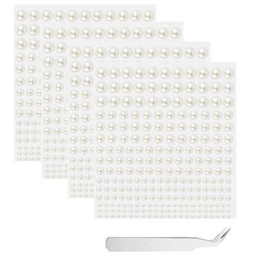 jatimdotin 900 Stück Selbstklebende Halbperlen, Selbstklebende Perlen Sticker, 2/3/4/5/6mm Perlen Aufkleber mit Pick up Pinzette für Nagelzubehör, Handwerk und Dekoration von jatimdotin
