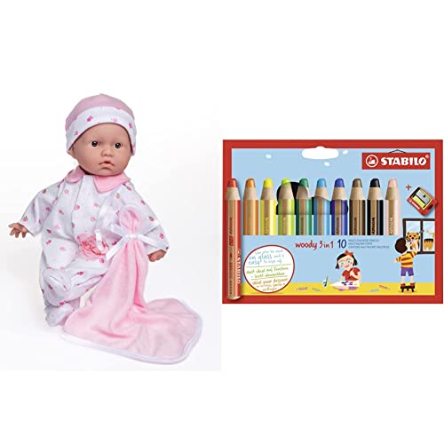 jc toys – La Baby Puppe mit weichem Körper, 27,9 cm, Rosa, ab 12 Monaten & Buntstift, Wasserfarbe & Wachsmalkreide - STABILO Woody 3 in 1-10er Pack mit Spitzer - mit 10 von jc toys