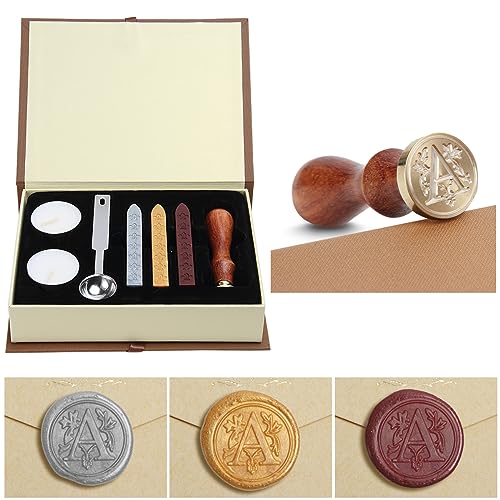 Siegelwachs-Set, Classical Old-Fashioned Antique Wax Stamp Seal Kit Initial Letters Alphabet Set Gift Box with Vintage Wooden Handle and Brass Color Head, Siegelstempel-Wachsset, Geschenkbox (A) von jdryhc
