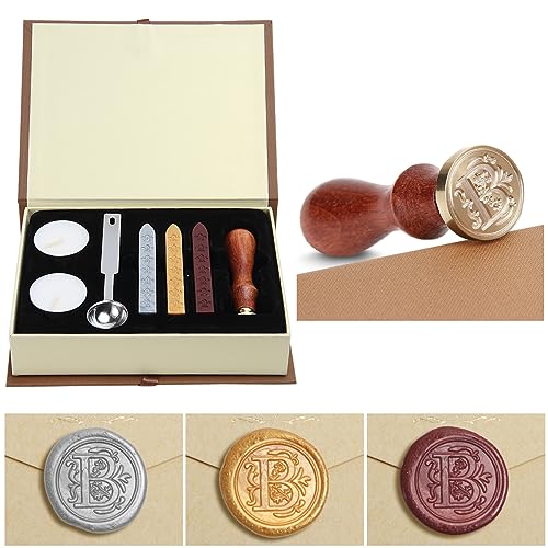 Siegelwachs-Set, Classical Old-Fashioned Antique Wax Stamp Seal Kit Initial Letters Alphabet Set Gift Box with Vintage Wooden Handle and Brass Color Head,Siegelstempel-Wachsset, Geschenkbox (B) von jdryhc