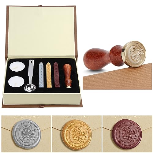 Siegelwachs-Set, Classical Old-Fashioned Antique Wax Stamp Seal Kit Initial Letters Alphabet Set Gift Box with Vintage Wooden Handle and Brass Color Head (C) von jdryhc