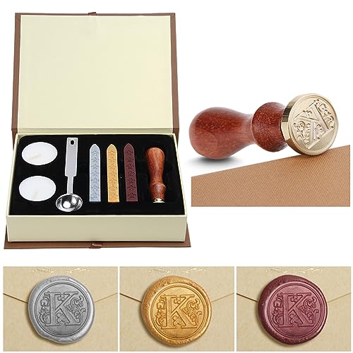 Siegelwachs-Set,Classical Old-Fashioned Antique Wax Stamp Seal Kit Initial Letters Alphabet Set Gift Box with Vintage Wooden Handle and Brass Color Head, Siegelstempel-Wachsset, Geschenkbox(K) von jdryhc