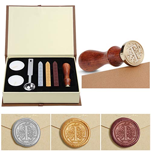 Siegelwachs-Set,Classical Old-Fashioned Antique Wax Stamp Seal Kit Initial Letters Alphabet Set Gift Box with Vintage Wooden Handle and Brass Color Head, Siegelstempel-Wachsset, Geschenkbox(T) von jdryhc