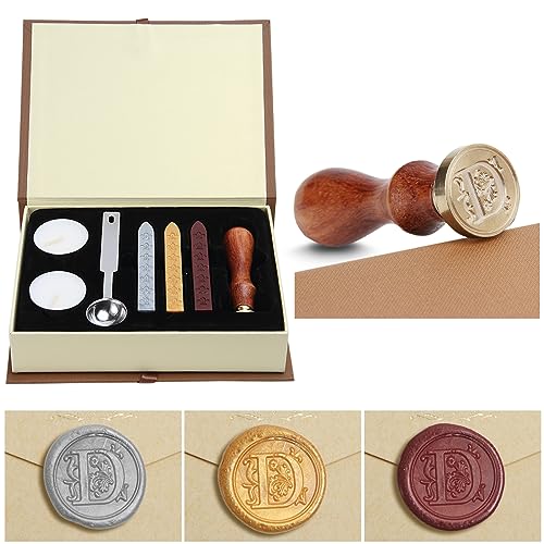 Siegelwachs-Set,Classical Old-Fashioned Antique Wax Stamp Seal Kit Initial Letters Alphabet Set Gift Box with Vintage Wooden Handle and Brass Color Head, Siegelstempel-Wachsset, Geschenkbox (D) von jdryhc