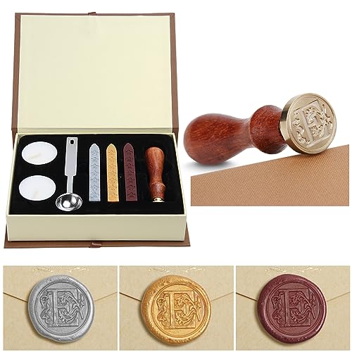 Siegelwachs-Set,Classical Old-Fashioned Antique Wax Stamp Seal Kit Initial Letters Alphabet Set Gift Box with Vintage Wooden Handle and Brass Color Head, Siegelstempel-Wachsset, Geschenkbox (E) von jdryhc
