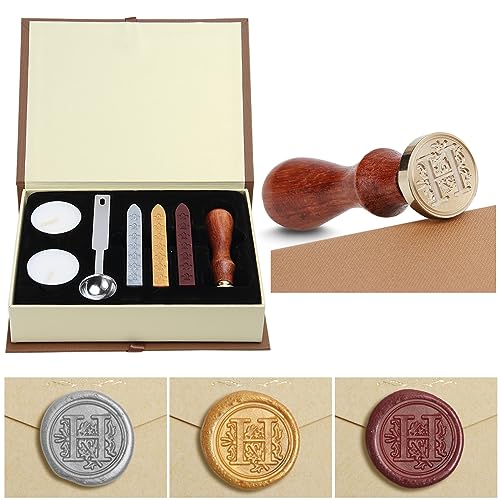 Siegelwachs-Set,Classical Old-Fashioned Antique Wax Stamp Seal Kit Initial Letters Alphabet Set Gift Box with Vintage Wooden Handle and Brass Color Head, Siegelstempel-Wachsset, Geschenkbox (H) von jdryhc