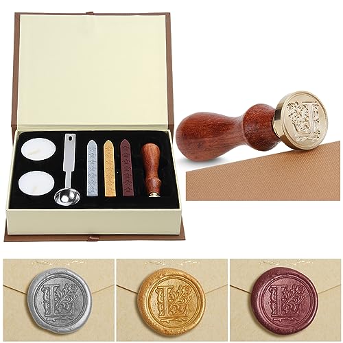 Siegelwachs-Set,Classical Old-Fashioned Antique Wax Stamp Seal Kit Initial Letters Alphabet Set Gift Box with Vintage Wooden Handle and Brass Color Head, Siegelstempel-Wachsset, Geschenkbox (L) von jdryhc